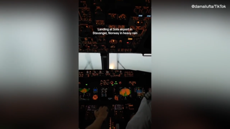 Flight attendant's viral video shows pilots landing in heavy rainstorm