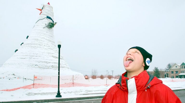 The world’s tallest snowman, measuring 122 feet, built by residents in Bethel, Maine