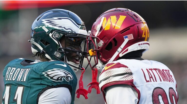 Eagles' AJ Brown pushes Commanders' Marshon Lattimore's helmet off in mid-game brouhaha