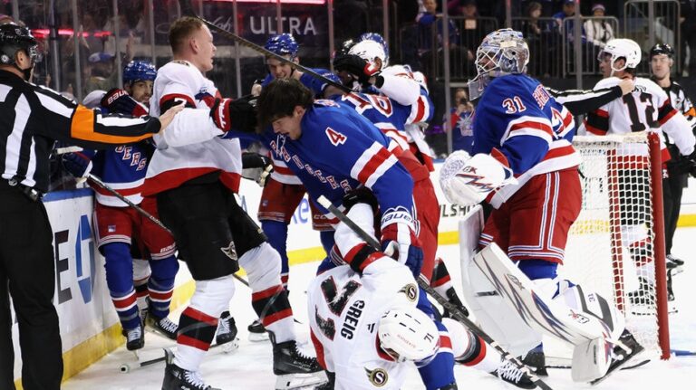 Rangers goalie Igor Shesterkin trades blows with Senators star as game descends into chaos