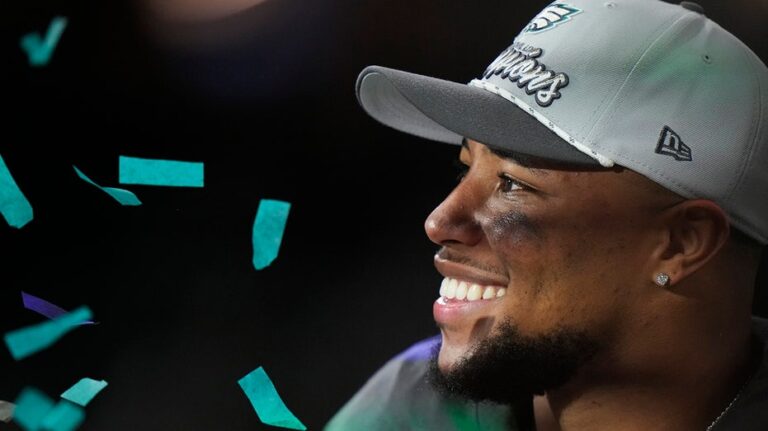 Mics catch Saquon Barkley, fiancée's emotional exchange after Eagles Super Bowl victory: 'So proud'