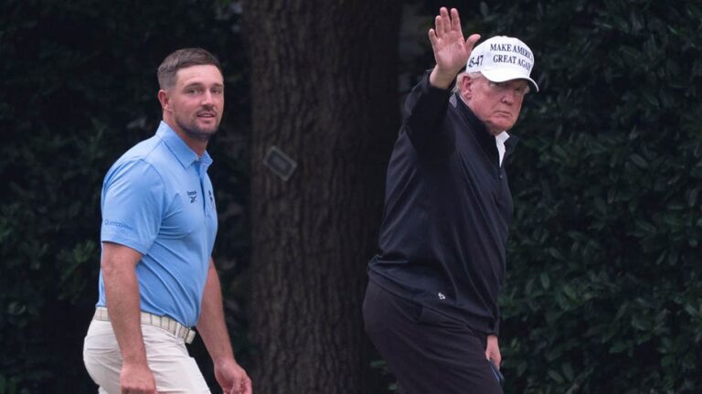 Bryson DeChambeau hits golf balls on White House South Lawn during visit with Trump