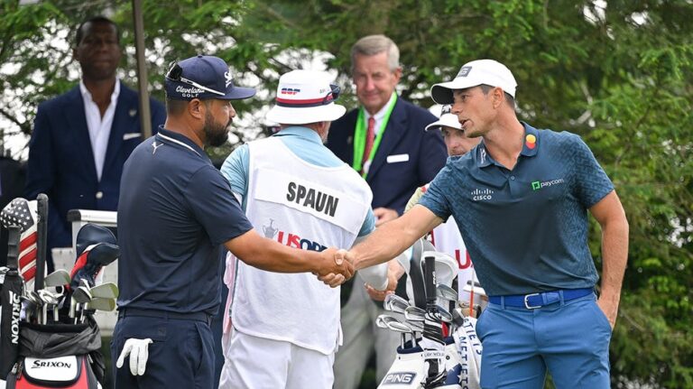 JJ Spaun jokes that he owes Viktor Hovland a 'nice bottle of wine' for help on US Open-winning putt