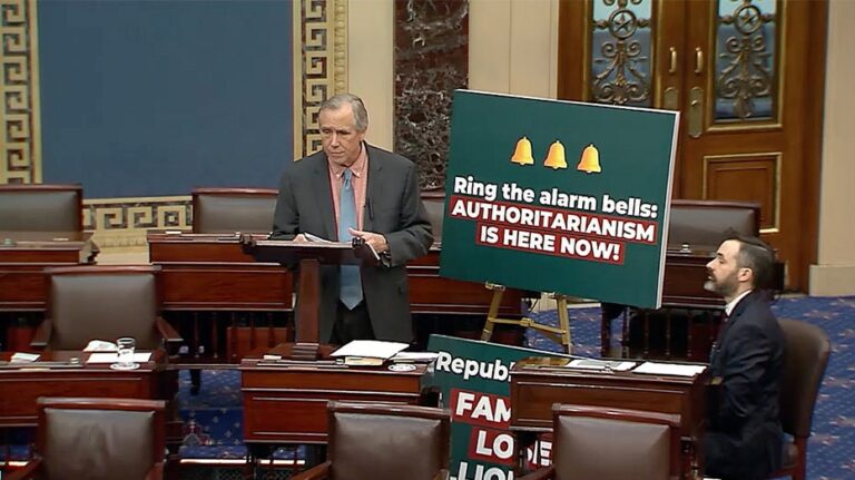 Dem senator continues marathon floor speech framing Trump as 'grave threat to the democracy'