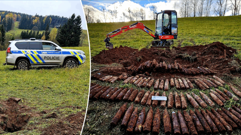 Father and son's metal detecting trip uncovers historic artillery cache in Czech forest